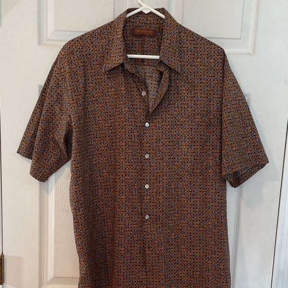 Tori Richard Honolulu size Large Brown and Blue Geometric Short Sleeve Shirt - Picture 1 of 10